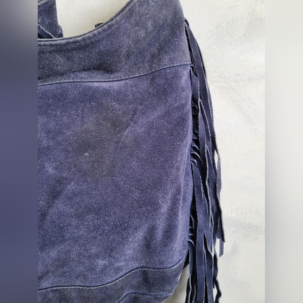 Ecote Blue Suede Side Fringe Cow Leather Bucket Sling Bag - Picture 5 of 15